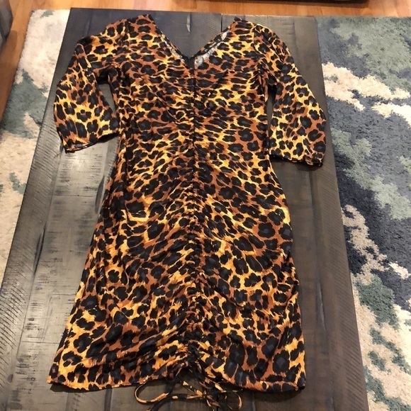 Zara Ruched Leopard V-Neck 3/4 Long Sleeve Bodycon Satin Textured M Mini Dress - Picture 13 of 16